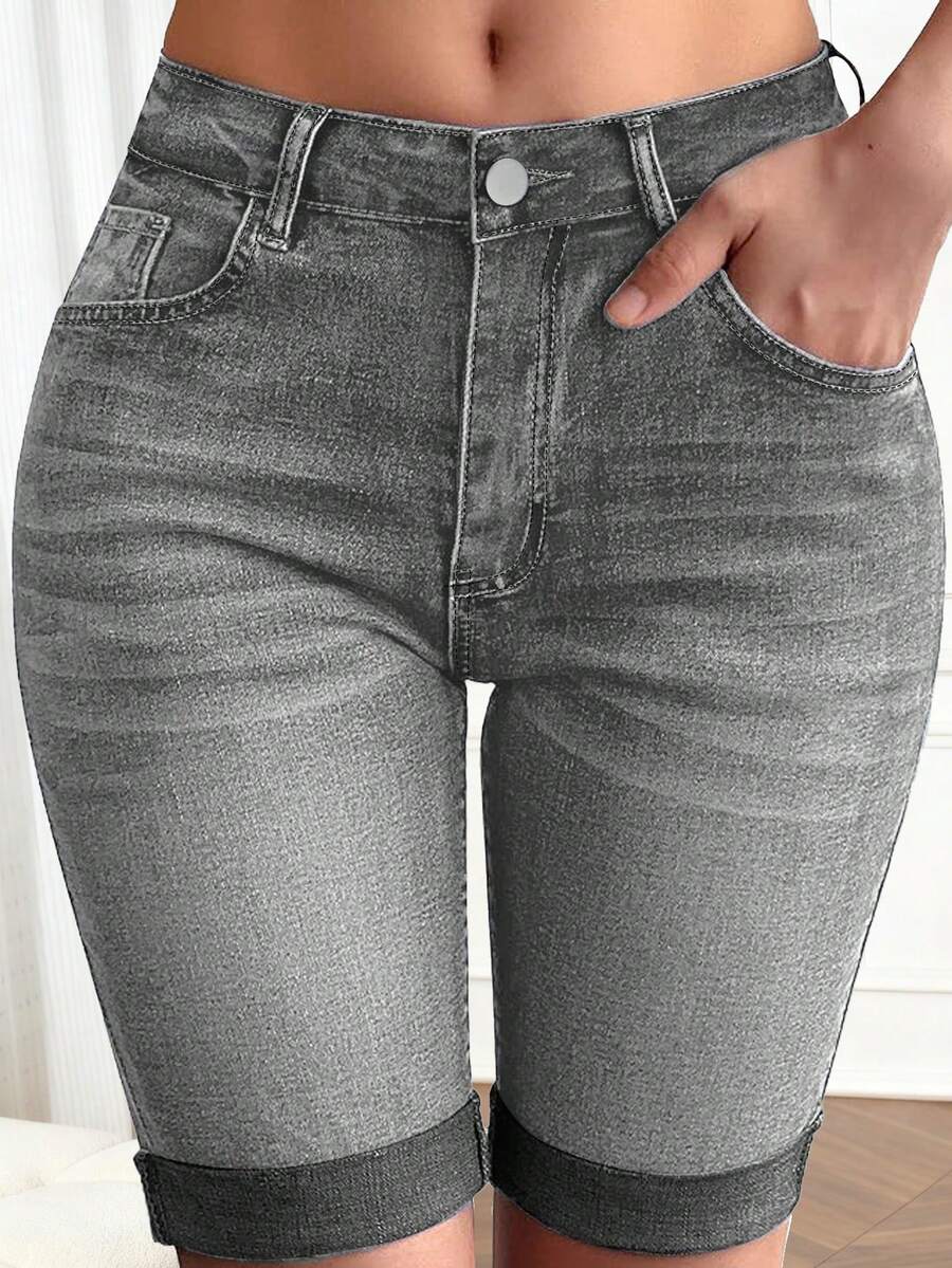 Denim Shorts Women - Bayan Yıkanmış Streç Dar Bisiklet Şortları