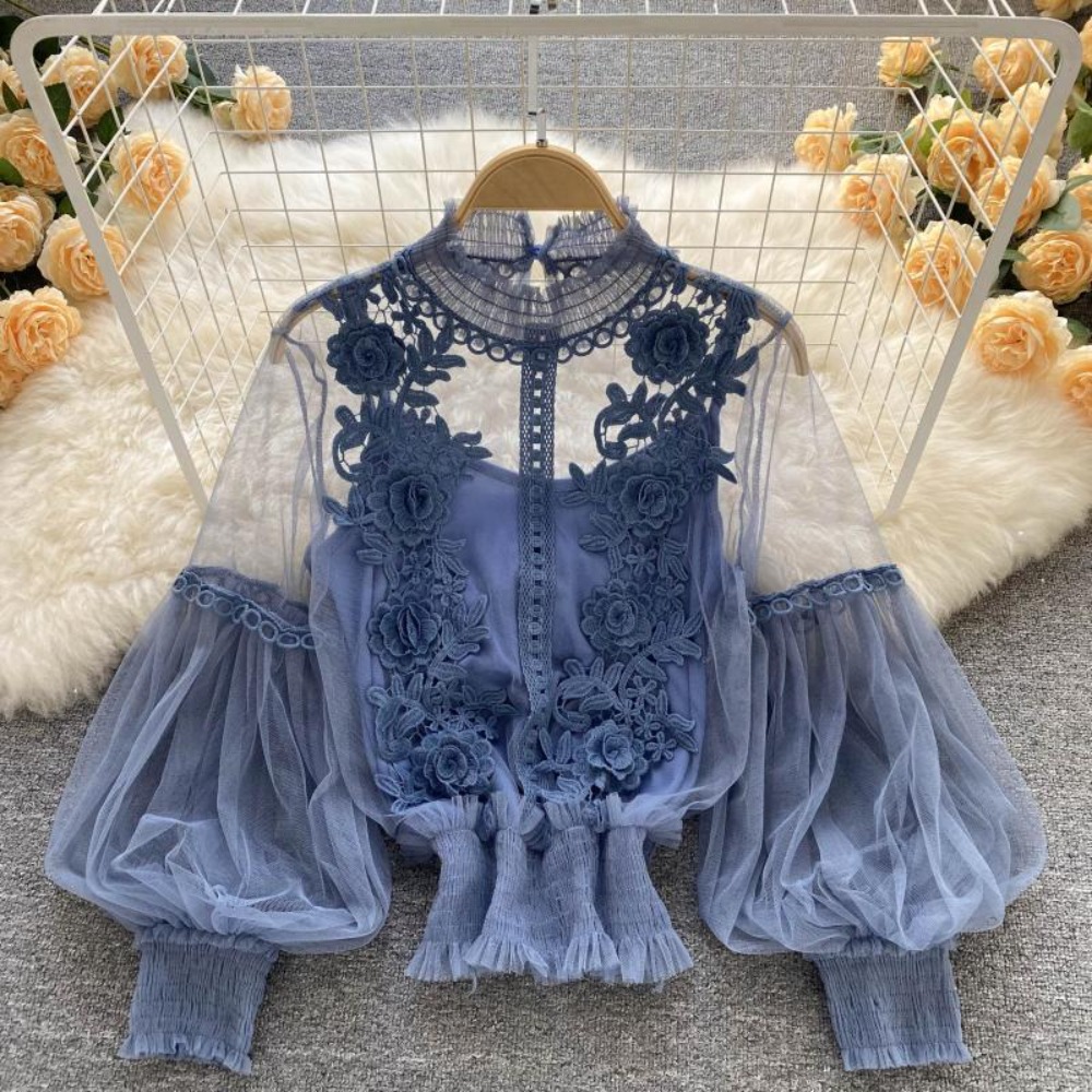 Puff Sleeve Blouse - 2 adet/takım Dantel Puf Uzun Kollu