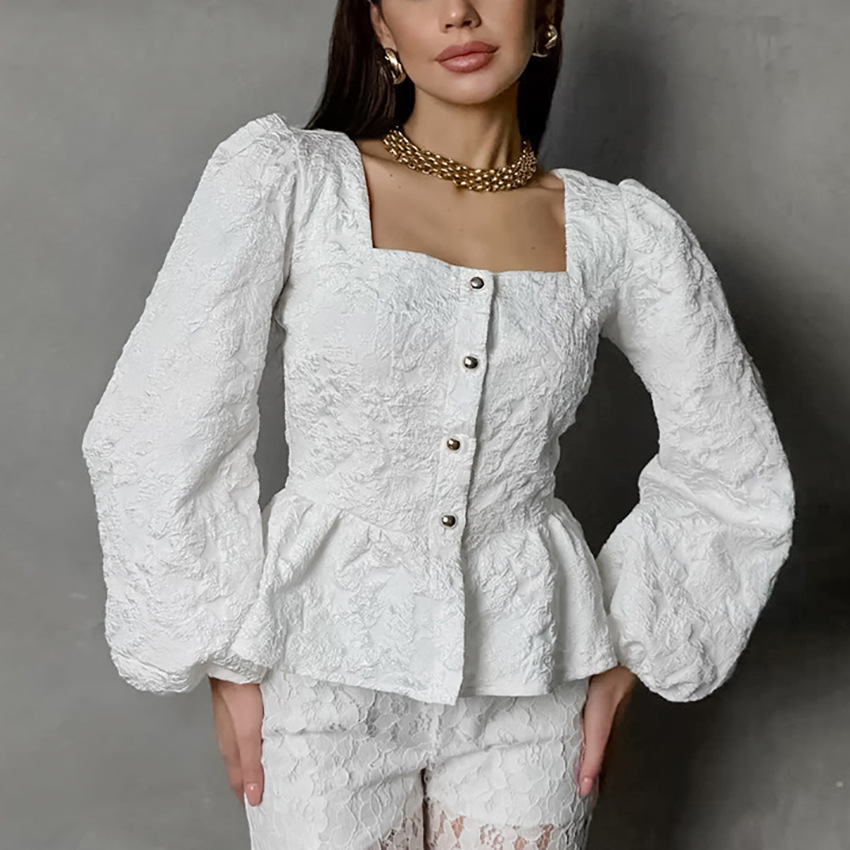 Puff Sleeve Blouse - Bayanlar için Zarif Jakarlı Kare Yaka