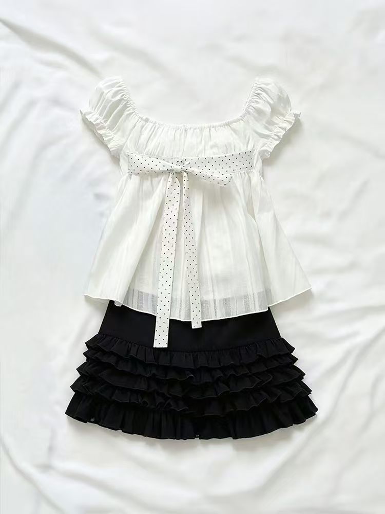 Puff Sleeve Blouse - Sevimli Kore Moda Puantiyeli Yay Puf