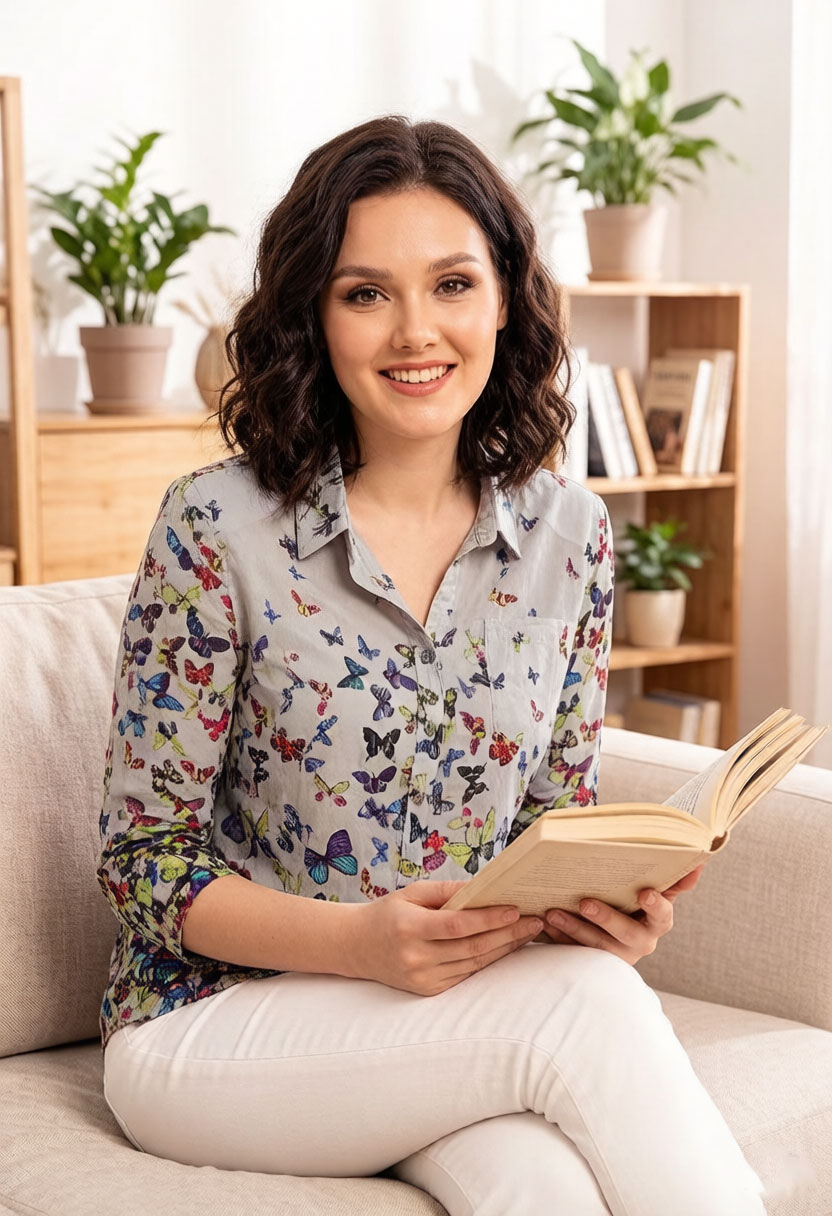 Puff Sleeve Blouse - Kadın Kelebek Baskı Bluz Şifon Gömlek