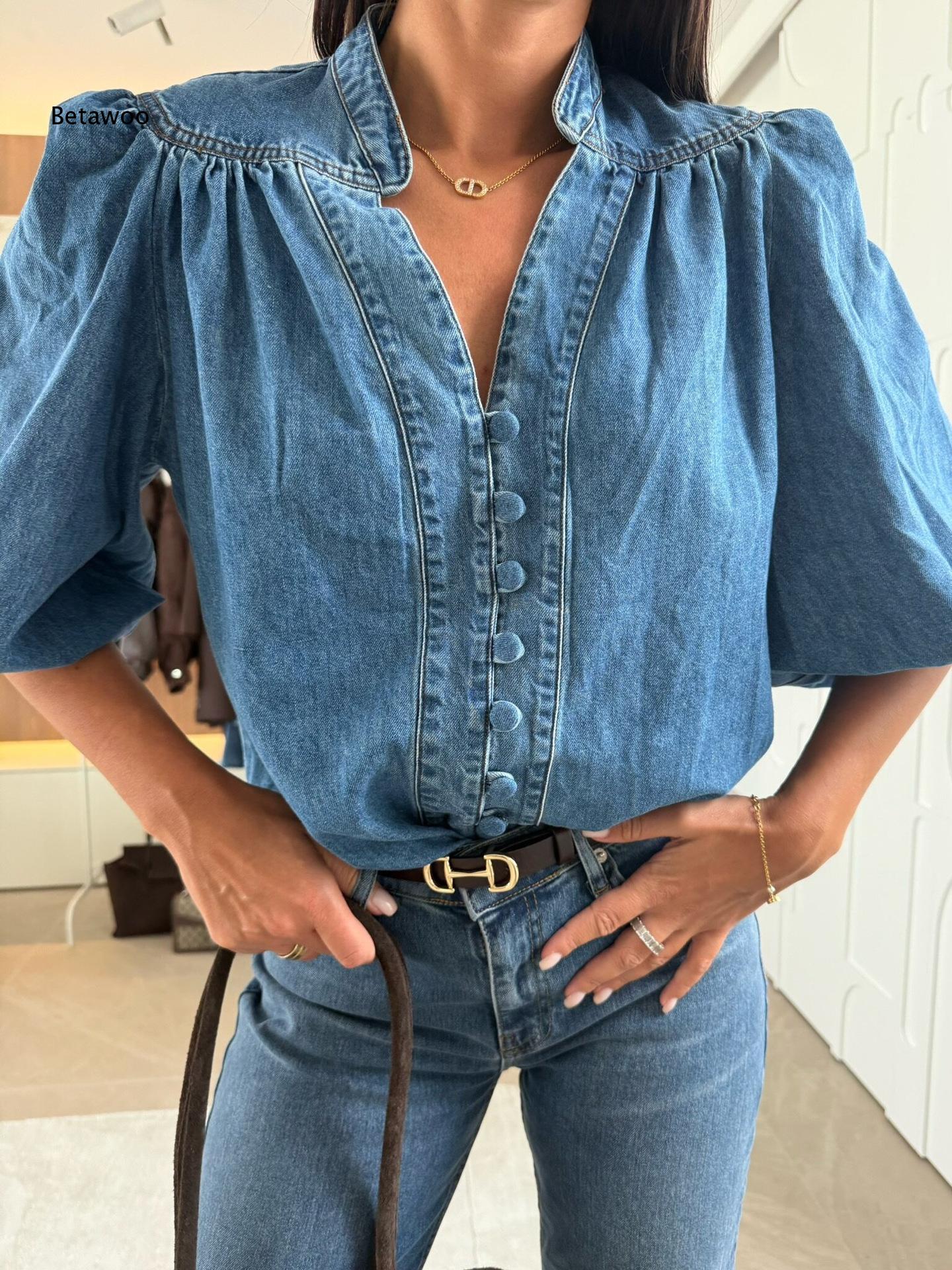Puff Sleeve Blouse - Kadınlar için Dik Yaka V Yaka