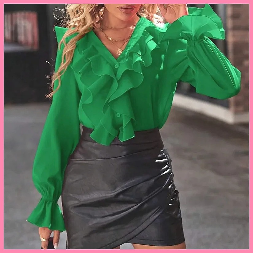 Women Top Fashion - 2025 Moda V Yaka Fırfırlı Geniş
