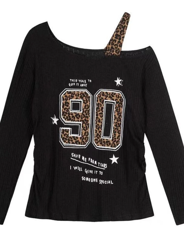 Women Top Fashion - Y2K Patchwork Leopar Desenli Tişört Kadın
