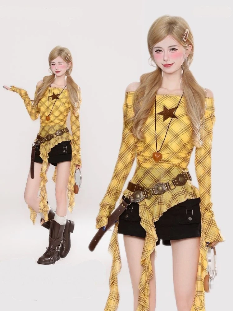 Y2K Ekose Slash Yaka Vintage K - Women Top Fashion incelemesi ve fiyatı